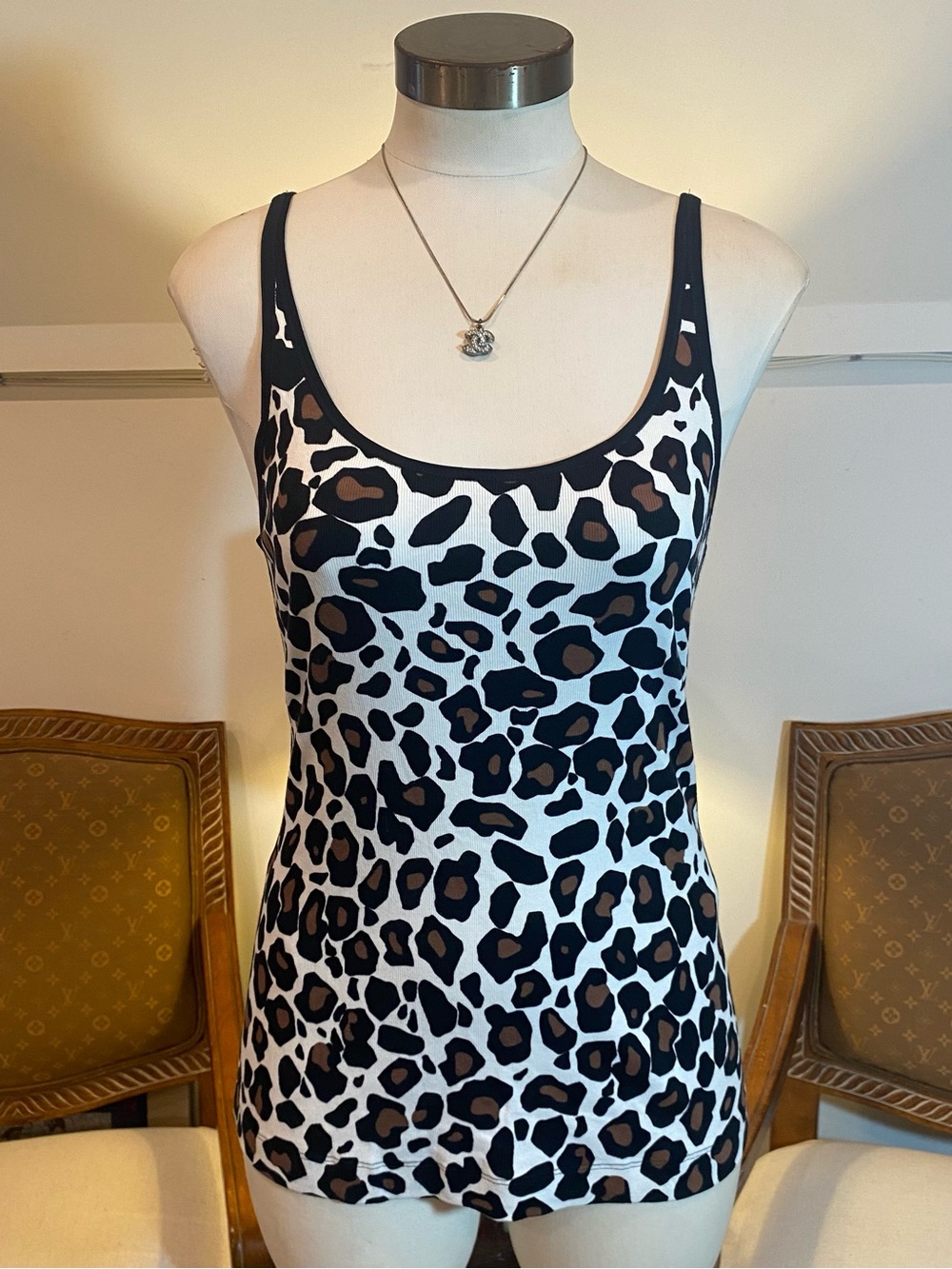 Marc Cain Leopard Print Camisole in Black, White, Brown - Cotton-Blend, Size 4
